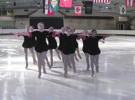 Close up of big synchro team on the ice
