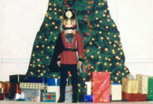 The nutcracker stands in front of the Christmas tree