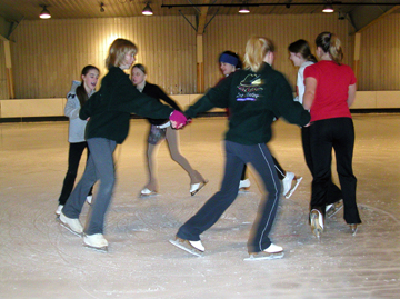 Synchro skaters in a circle